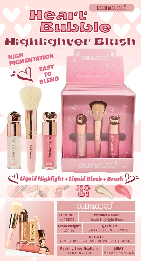 Set Rubor Iluminador y Brocha 3 en 1 Maquillaje Glow